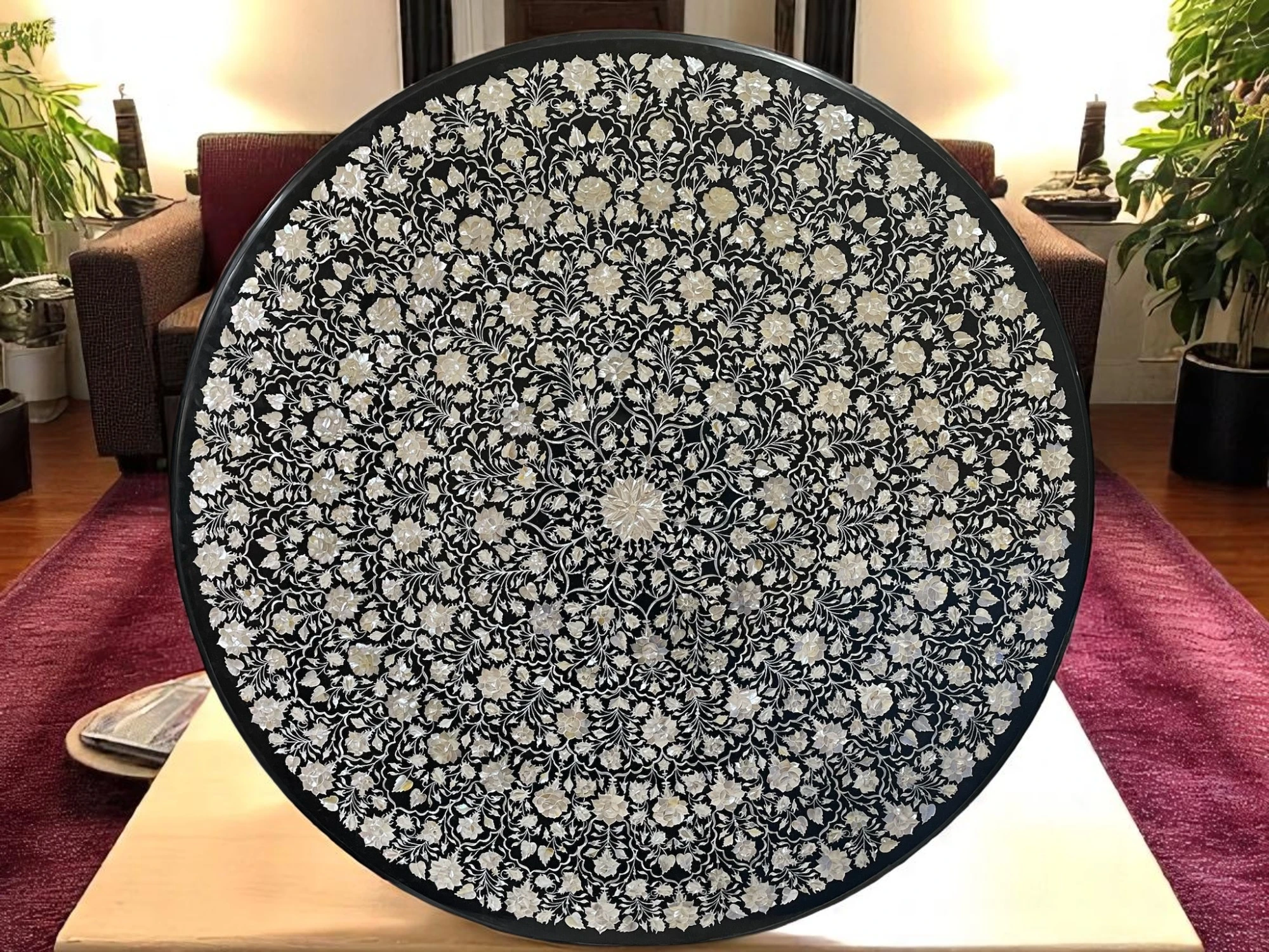 Marble Top Round Table Floral Mother Of Pearl Inlay Design